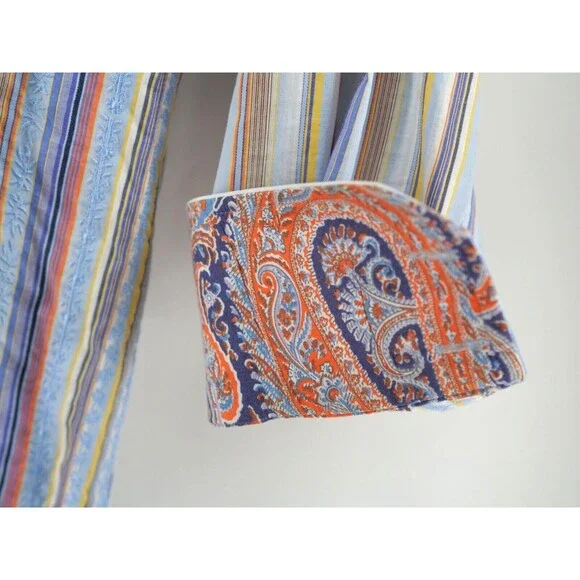 ROBERT GRAHAM Multi Color Stiped Flip Cuff Embroidery Button Down Shirt Medium - Picture 6 of 12